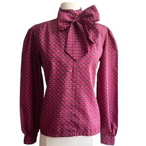 Burgundy Wine Red Button Down Blouse with Bow Small Medium